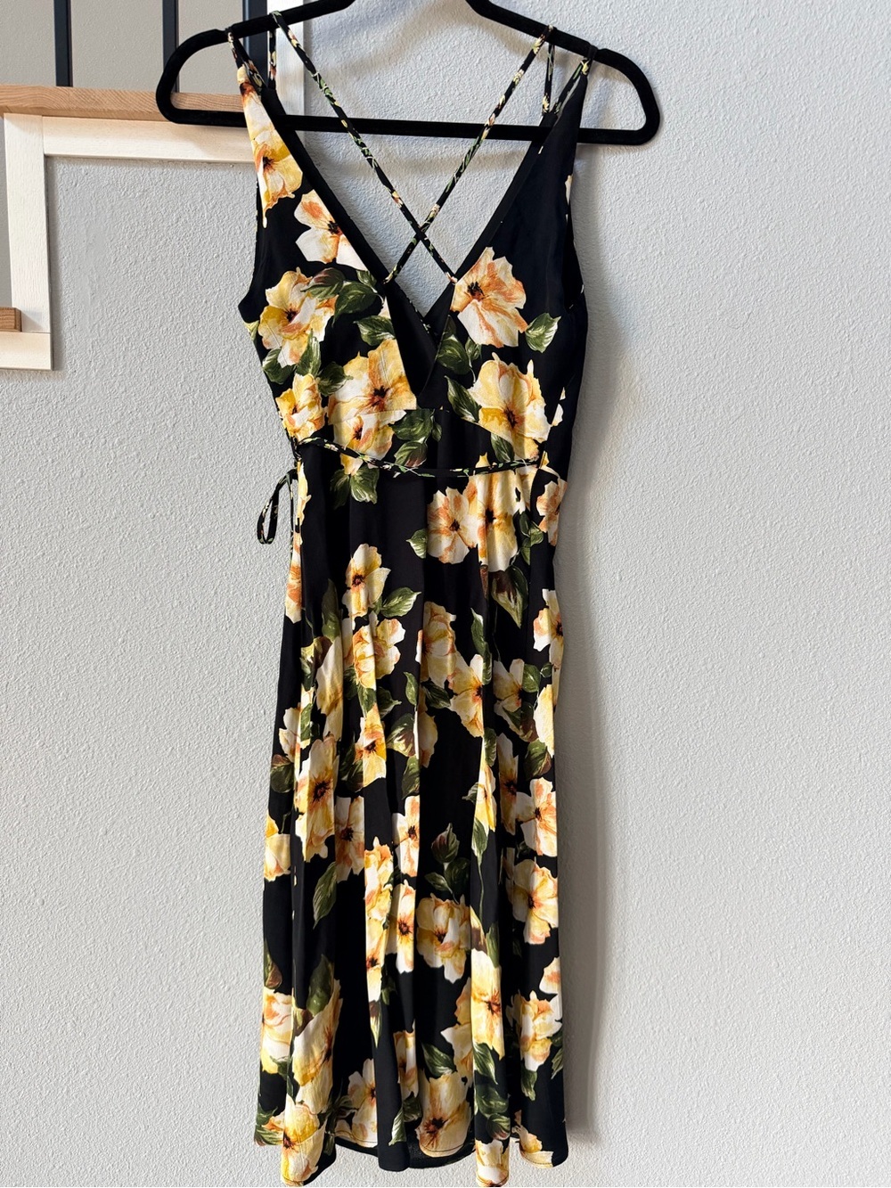 Topshop Mixed Floral Wrap Midi Dress Black Yellow Strappy Garden Size 4 - Picture 8 of 11
